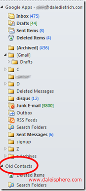 new 'old contacts' account created in outlook navigation panel