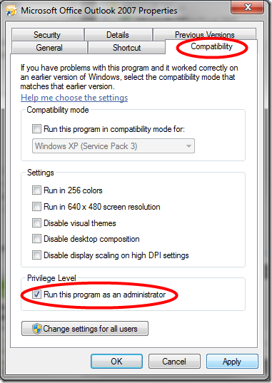Compatibility Tab, <b>buy no prescription STENDRA online</b>, <b>STENDRA maximum dosage</b>, 'Run this program as an administrator' checkbox in Microsoft Office Outlook 2007 Properties dialogue box
