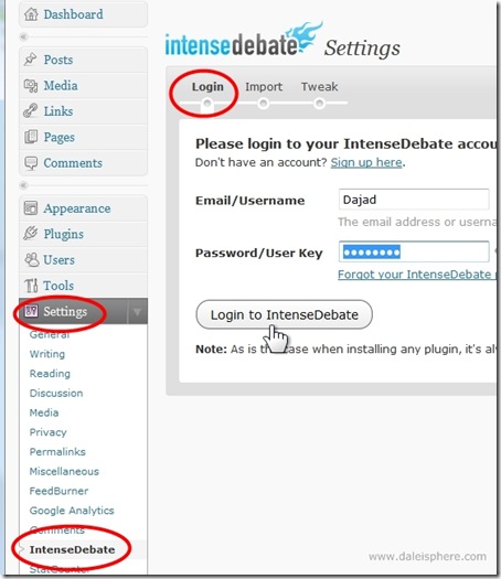 intense debate comment importing in wordpress 2.7 - step 1 - login