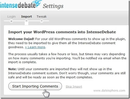 intense debate install in wordpress 2.7 - step 2 - import screen