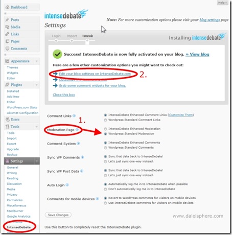intense debate install in wordpress 2.7 - step 3 - tweak screen