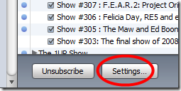 iTunes 8 - podcast settings button