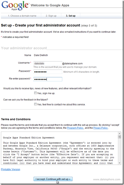 setting up google apps for gmail - admin info page