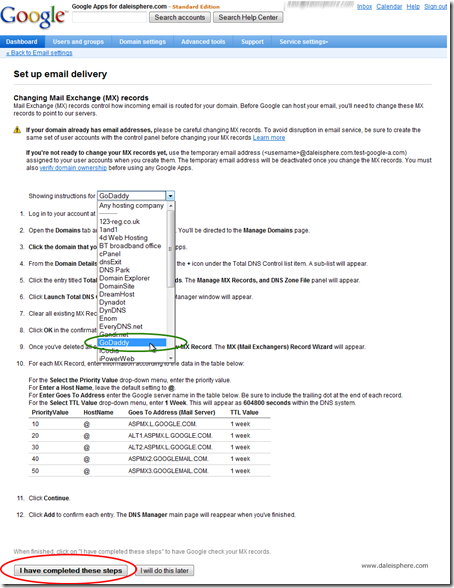 setting up google apps for gmail - changing mail exchange (mx) records page