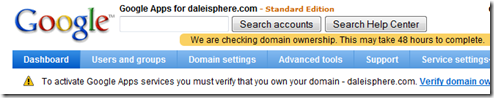 setting up google apps for gmail - dashboard 'checking ownership' page
