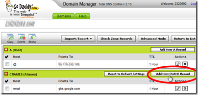 setting up google apps for gmail - godaddy - Add New CNAME Record