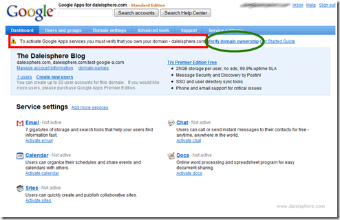 setting up google apps for gmail - google apps dashboard