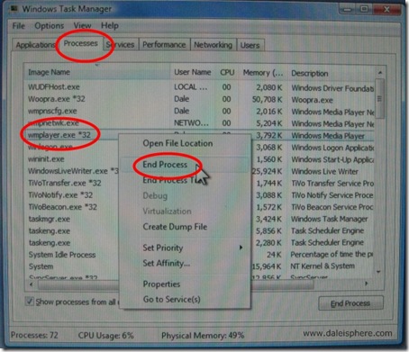 closing wmplayer.exe in windows task manager processes tab