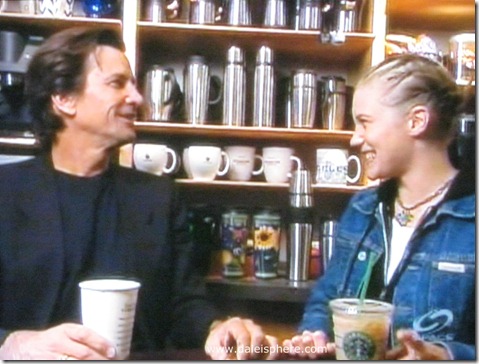 Dirk Benedict (Starbuck from the 1978 Battlestar Galactica) with Katee Sackhoff (Starbuck from 2004 ‘reimagined’ series) at Starbucks 1