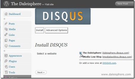 disqus - instal - select a website screen