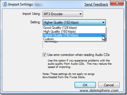 how to convert aac songs to mp3s in itunes - import settings dialogue box