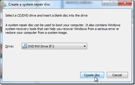 windows 7 - create a system repair disc - select drive