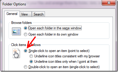 windows 7 - single-click to open an item dialogue box