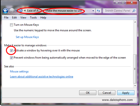 windows 7 - activate a window by hovering over it with the mouse - dialogue box
