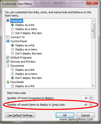 windows 7 - number of recent items to display in Jump Lists - customize start menu dialogue box