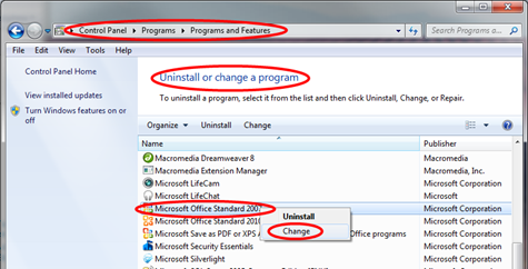 graphic depicting how to uninstall an application from the microsoft office suite