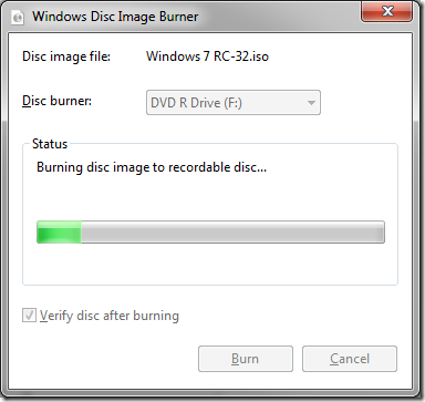 windows 7 iso file burning status
