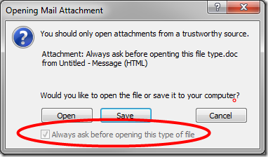 grayed-out and checked 'Always ask before opening this type of file' box
