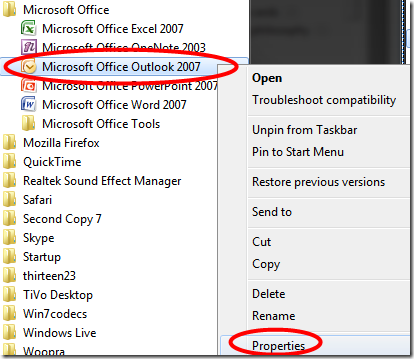 All Programs, Microsoft Office Outlook 2007, Properties option in Windows 7