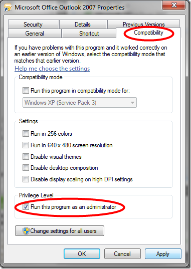 Compatibility Tab, 'Run this program as an administrator' checkbox in Microsoft Office Outlook 2007 Properties dialogue box
