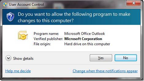 Windows 7 User Account Control Warning