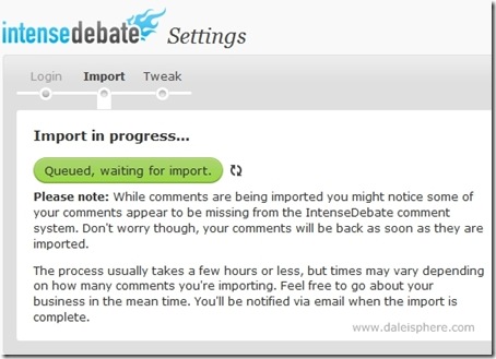 intense debate installation on WordPress 2.7 - Import in progress - queing (2)