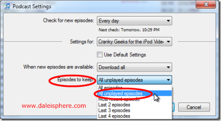 iTunes 8 - podcast settings - episodes to keep - all unplayed episodes