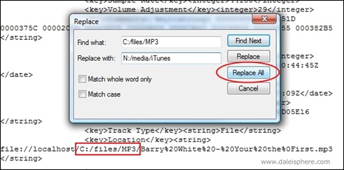 iTunes - search and replace in 'iTunes Muisc Library.xml' file