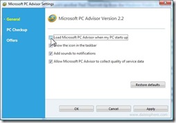 Microsoft PC Advisor - Settings Screen