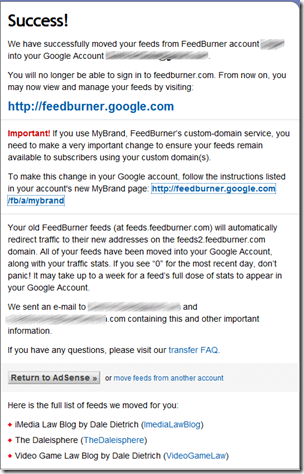migrating from feedburner to Google - success page