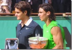 Nadal and Federe hold 2008 French Open trophies