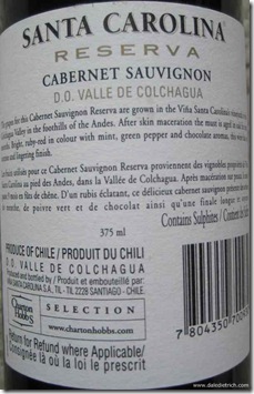 Santa Carolina Cabernet Sauvignon Reserva 2006 – 375 ml - back label