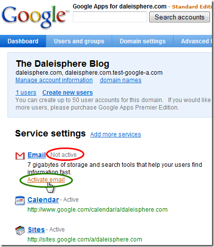 setting up google apps for gmail - activate email from dashboard
