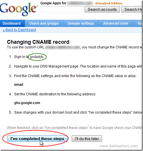 setting up google apps for gmail - Change CNAME record - i've completed these steps button