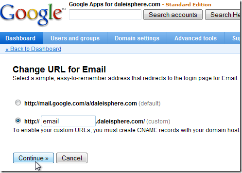 setting up google apps for gmail - Change URL for Email screen