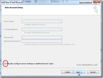 setting up google apps for gmail - configuring outlook 2007 - auto account setup page