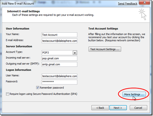 setting up google apps for gmail - configuring outlook 2007 - intenet e-mail settings page