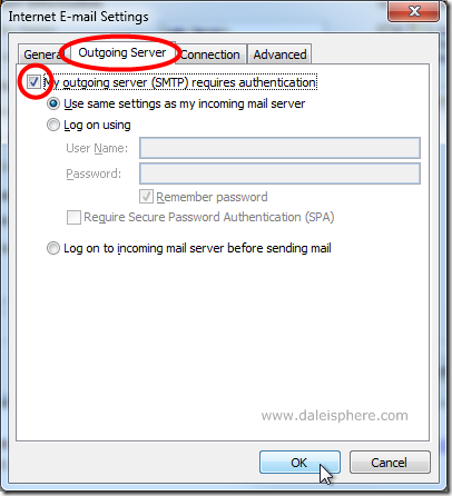 setting up google apps for gmail - configuring outlook 2007 - outgoing server tab