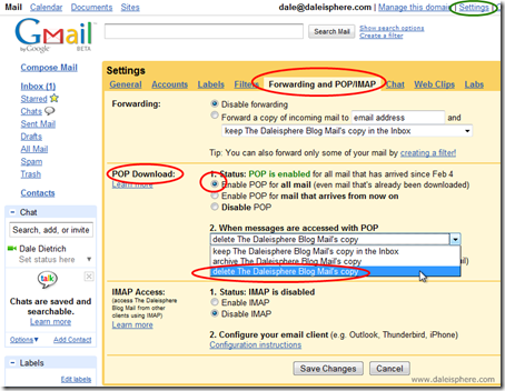 setting up google apps for gmail - configuring POP 3 settings
