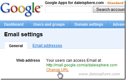 setting up google apps for gmail -  email settings scren - change URL