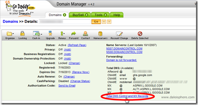 setting up google apps for gmail - godaddy - select 'total dns control and mx records'
