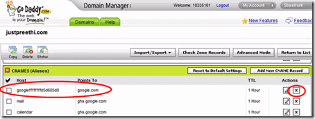setting up google apps for gmail - godaddy - verification CNAME record in godaddy table