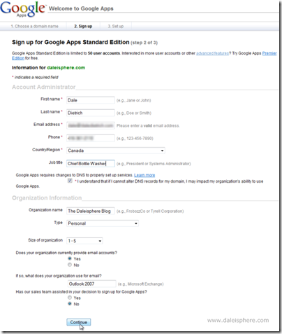 setting up google apps for gmail - sign up for google apps standard edition 2 of 3