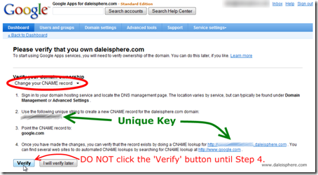 setting up google apps for gmail - verification screen