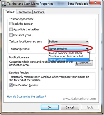 Windows 7 Beta - Taskbar Button default - Never Combine
