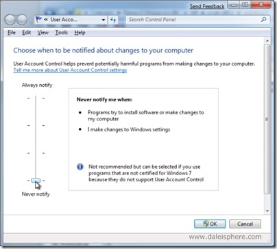 Windows 7 Beta - UAC settings screen