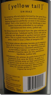 yellow tail shiraz - back label